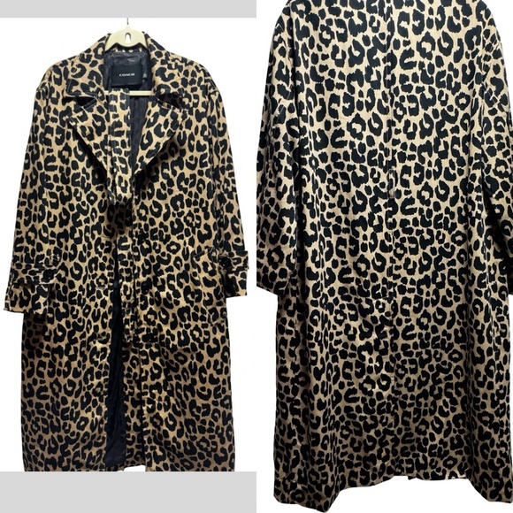Coach Leopard Print Trench Coat Women Large Tan Black CQ219 Long Belted - Picture 2 of 8